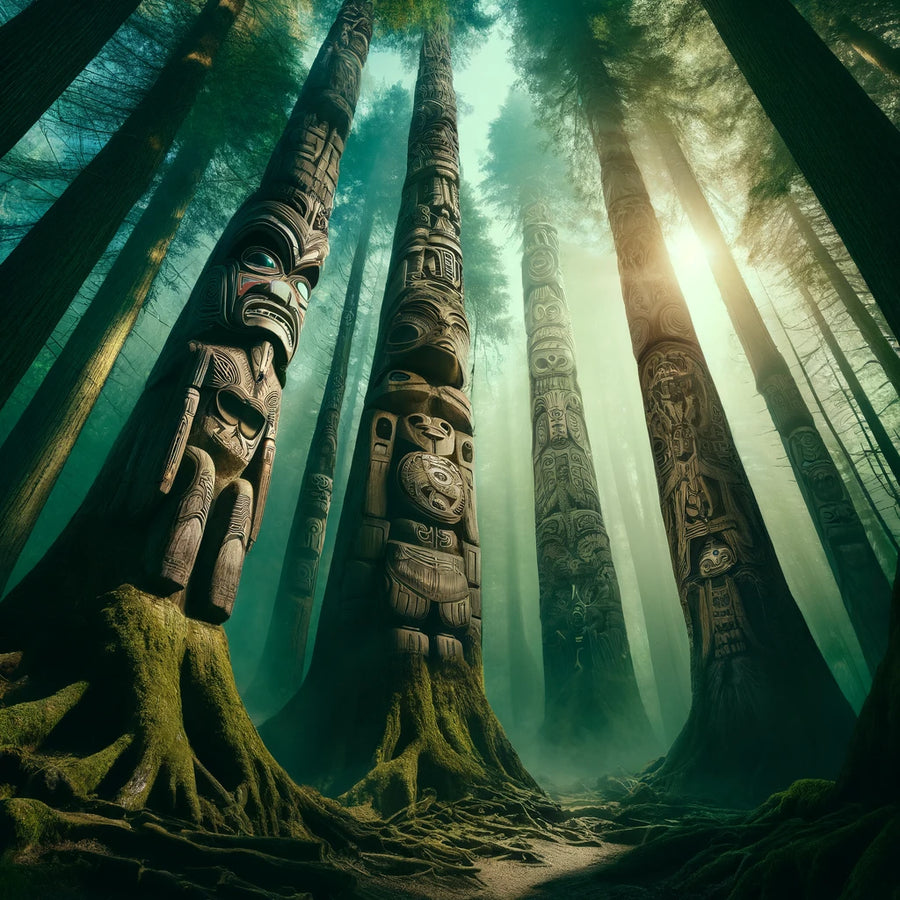 Totems sculptés dans la forêt