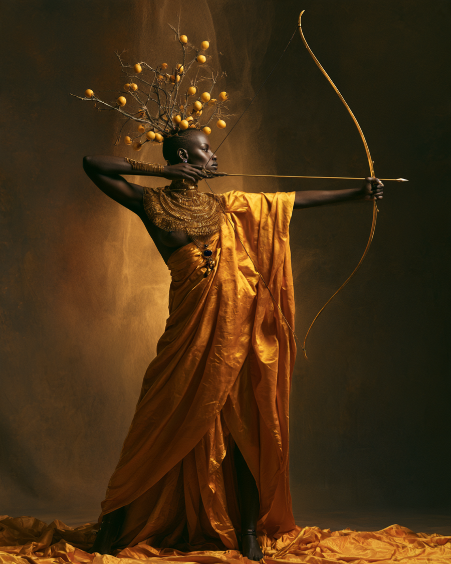 Le Sagittaire du Zodiaque du Chaman : une archère en soie d'or, couronnée de marula, bandant un arc doré