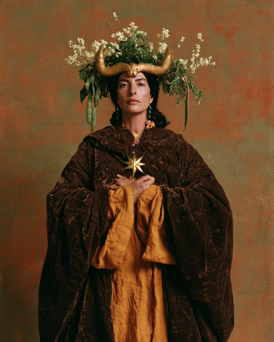 Le Taureau du Zodiaque du Chaman : une femme amazighe couronnée de moringa, cornes d'or et étoile à cinq branches sur le cœur