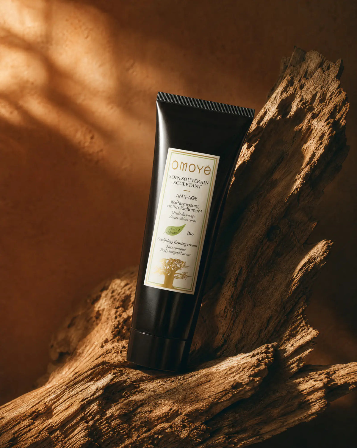 Le Soin Souverain Sculptant au Moringa Omoyé posé sur bois, fond terracotta, ombres de feuillage