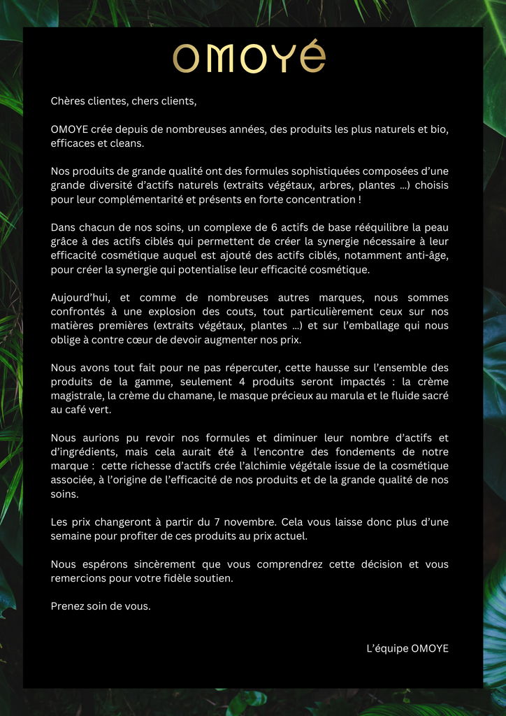 Communiqué : Augmentation de nos prix due à l'inflation sur les matières premières.