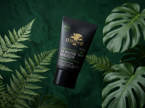Le Baume Magique OMOYÉ, un soin à la consoude, devant un feuillage de fougères et de monstera sur fond vert profond