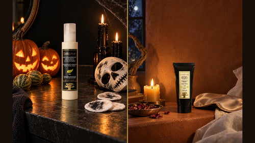 Avant et après Halloween : Lait Démaquillant du Kalahari OMOYÉ entre citrouilles et bougies, Masque Précieux au Marula à la lueur d'une bougie