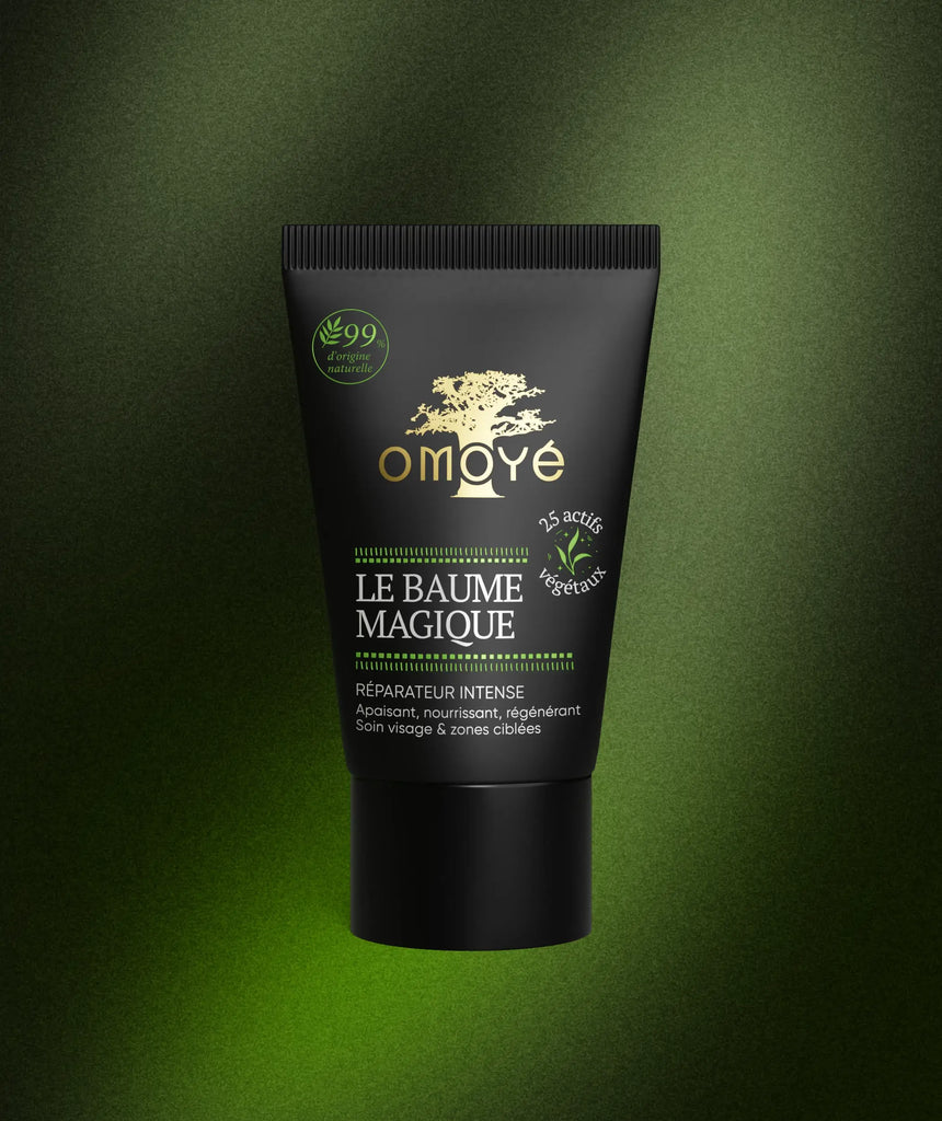 Le Baume Magique Omoyé soin réparateur intense à 25 actifs végétaux, apaise, nourrit et régénère les peaux agressées baume multi-usage pour le visage et les zones ciblées, 99 % d’origine naturelle formulation inspirée de l’herbier ancestral africain.