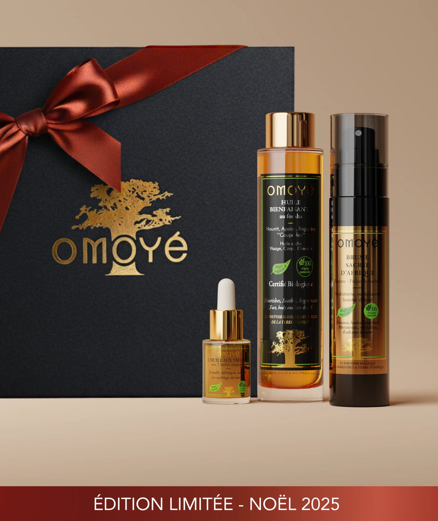 Coffret Bienfaisant Omoyé en édition limitée Noël 2025. Trio de soins naturels aux huiles précieuses d’Afrique : huile bienfaisante au foraha, brume sacrée et huile aux trésors pour nourrir, apaiser et sublimer la peau. Idée cadeau bien-être premium.