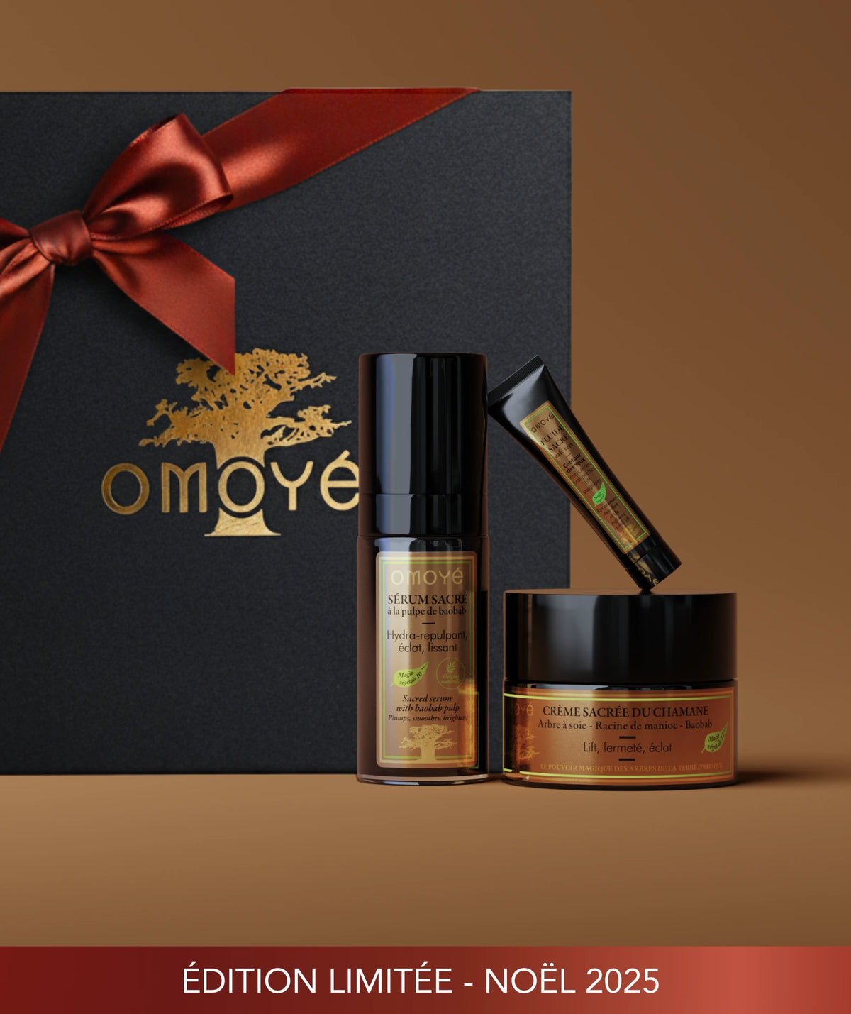 Coffret Sacré Omoyé en édition limitée Noël 2025. Duo iconique sérum sacré à la pulpe de baobab + crème sacrée du chamane. Soins naturels d’Afrique pour repulper, lifter et réveiller l’éclat. Cadeau premium pour un rituel visage sensoriel.