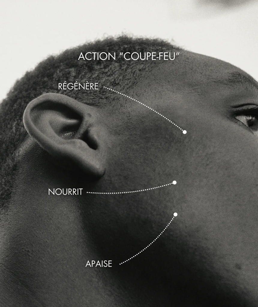 Hommes visage coupe-feu régénère, protège, nourrit, apaise après le rasage