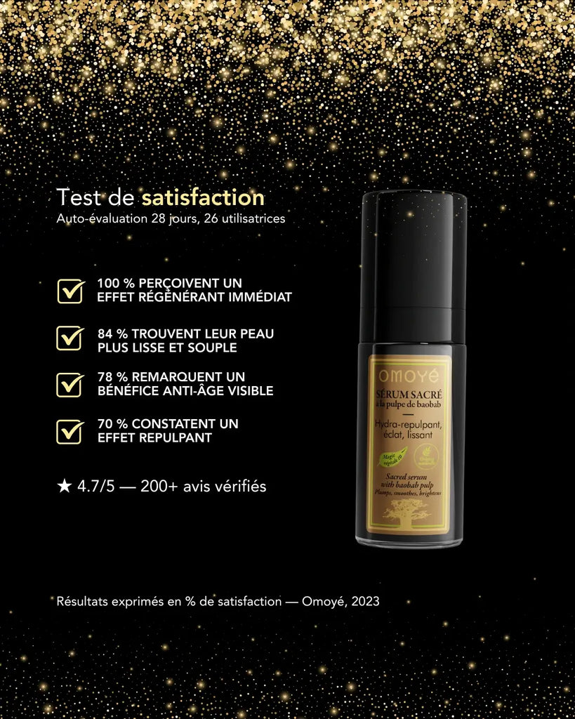 Sérum Sacré à la Pulpe de Baobab Omoyé — soin visage hydra-repulpant et anti-âge naturel, certifié bio. Testé 28 jours sur 26 utilisatrices : 100 % perçoivent un effet régénérant immédiat, 84 % une peau plus lisse et souple, 78 % un effet anti-âge visible, et 70 % un effet repulpant. Un sérum sensoriel inspiré du baobab sacré d’Afrique, formulé pour lisser, hydrater et redonner éclat et fermeté à la peau.