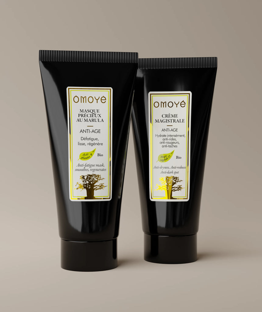 soins anti-âge omoyé masque précieux marula et crème magistrale peau fatiguée rides rougeurs taches soin bio