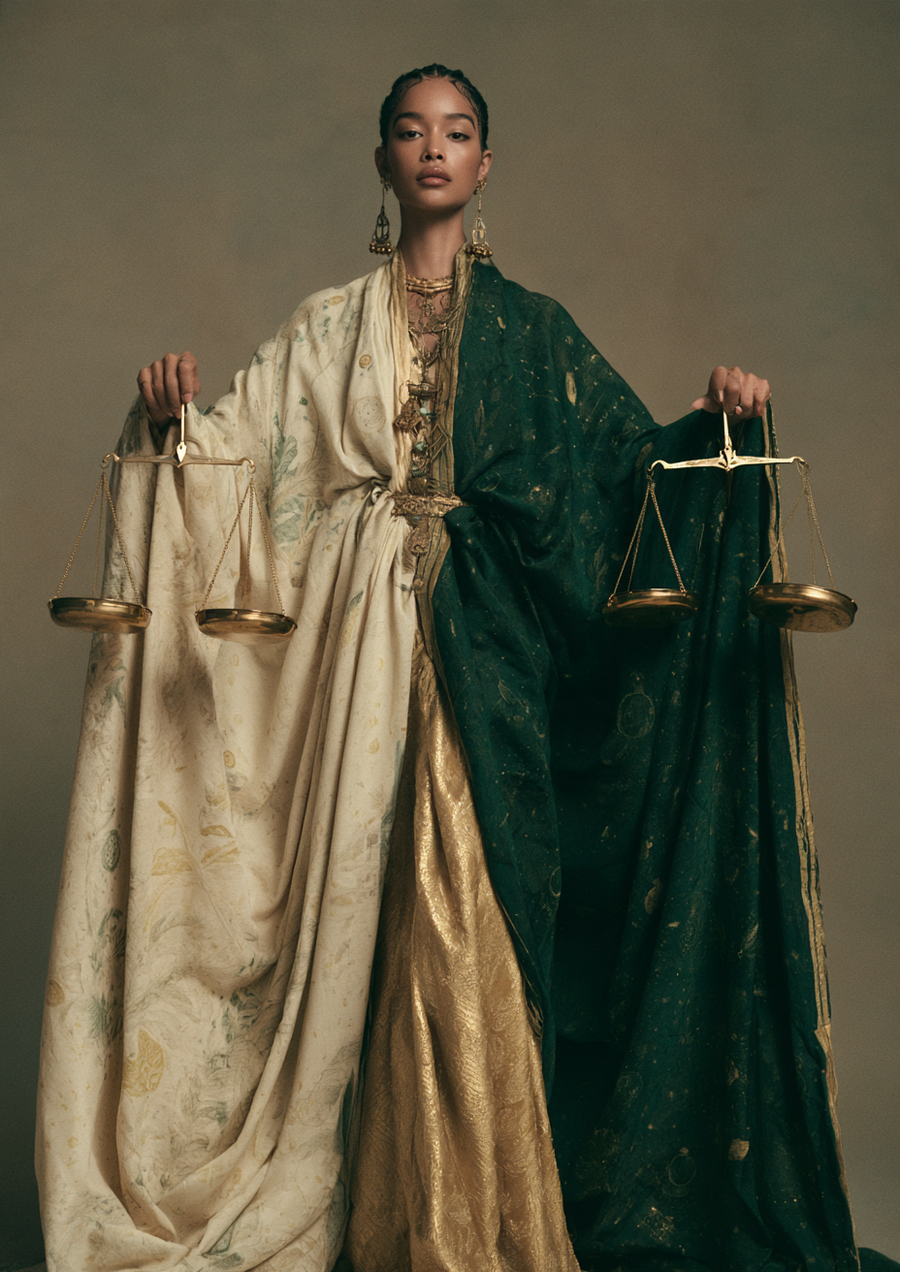 La Balance du Zodiaque du Chaman : une femme en robe ivoire et verte tenant une balance dans chaque main