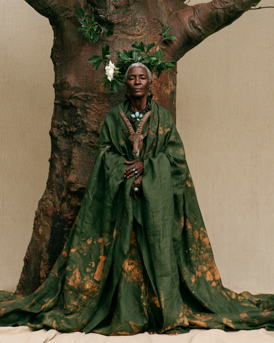 Le Capricorne du Zodiaque du Chaman : une sage sénégalaise en vert devant un baobab, couronne de feuilles de baobab