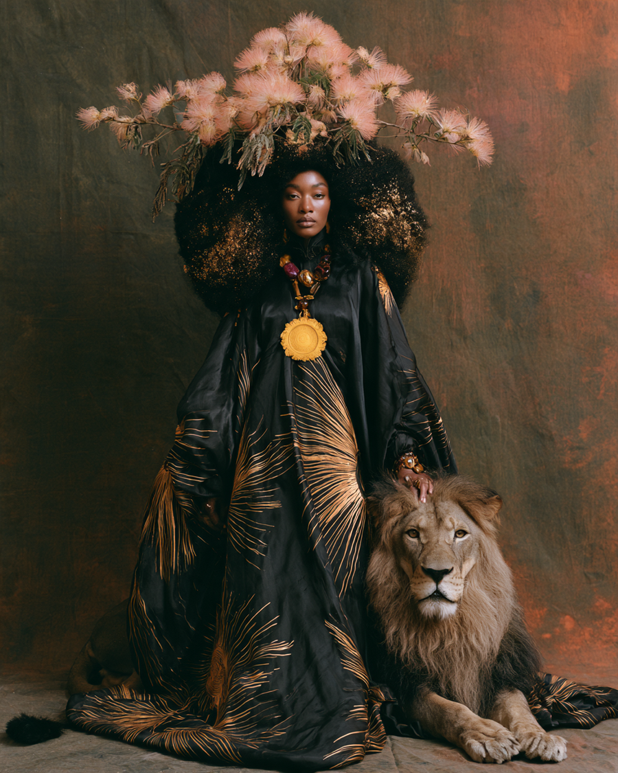 Le Lion du Zodiaque du Chaman : une femme zouloue en robe noire brodée de soleils, un lion couché à ses pieds
