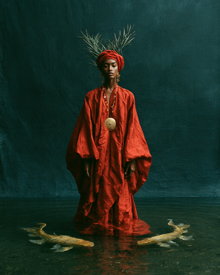 Les Poissons du Zodiaque du Chaman : une femme de Zanzibar en rouge rubis dans l'eau, deux poissons d'or à ses pieds