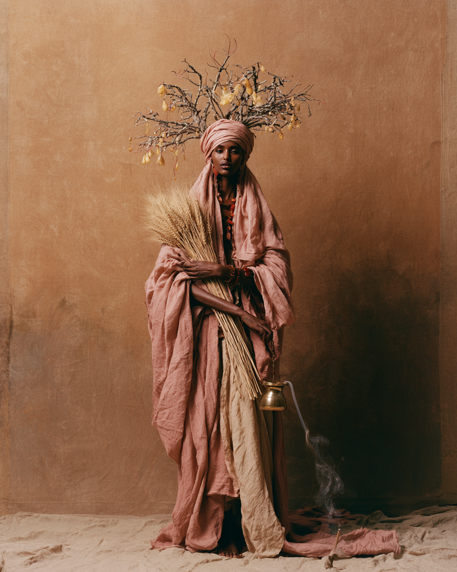 La Vierge du Zodiaque du Chaman : une femme somalienne en rose poudré, gerbe de blé et encens, couronne d'arbre à encens