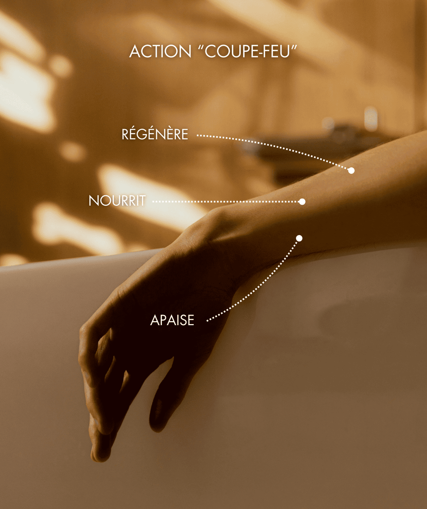 Application huile Omoyé effet coupe-feu apaise, nourrit, régénère la peau sensibilisée ou échauffée