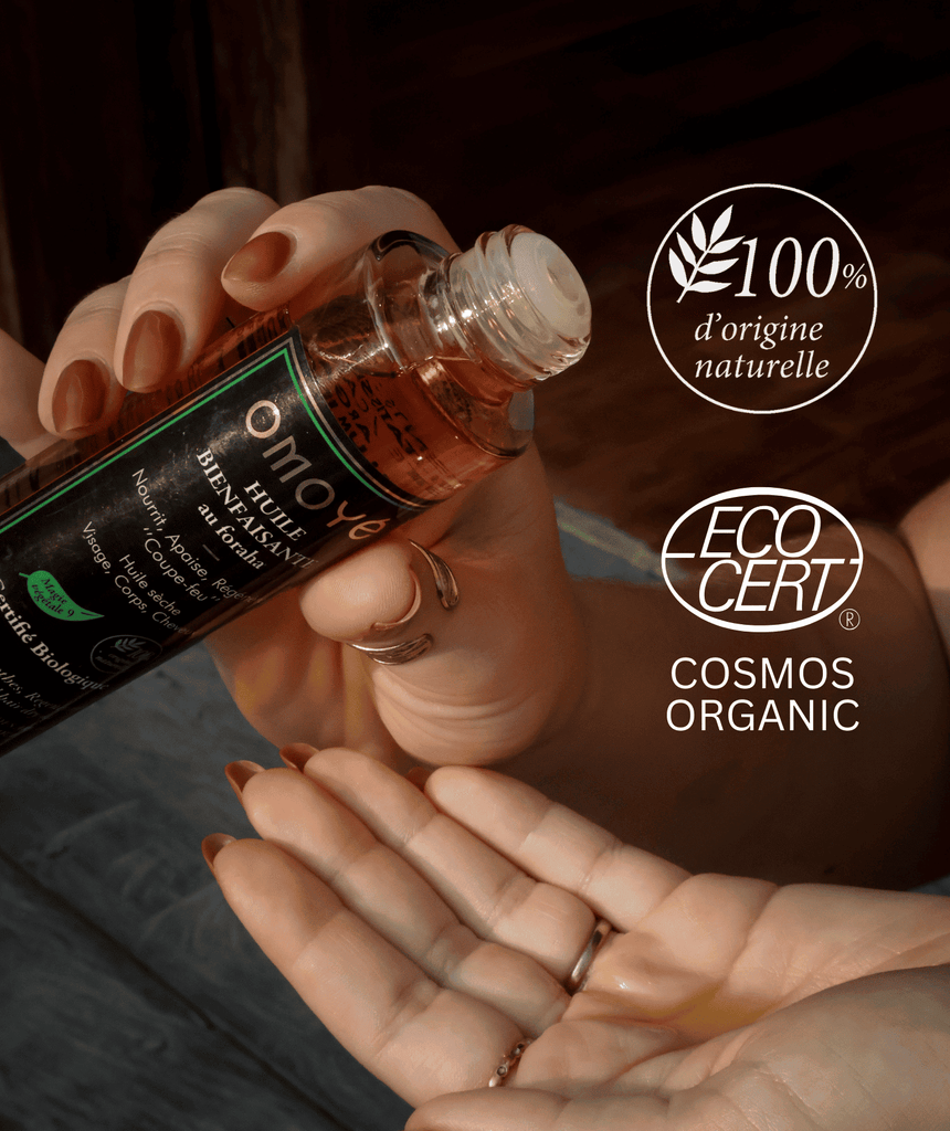 Huile sèche Omoyé au foraha  nourrit, apaise et régénère peau et cheveux, certifiée bio 100 % naturelle.