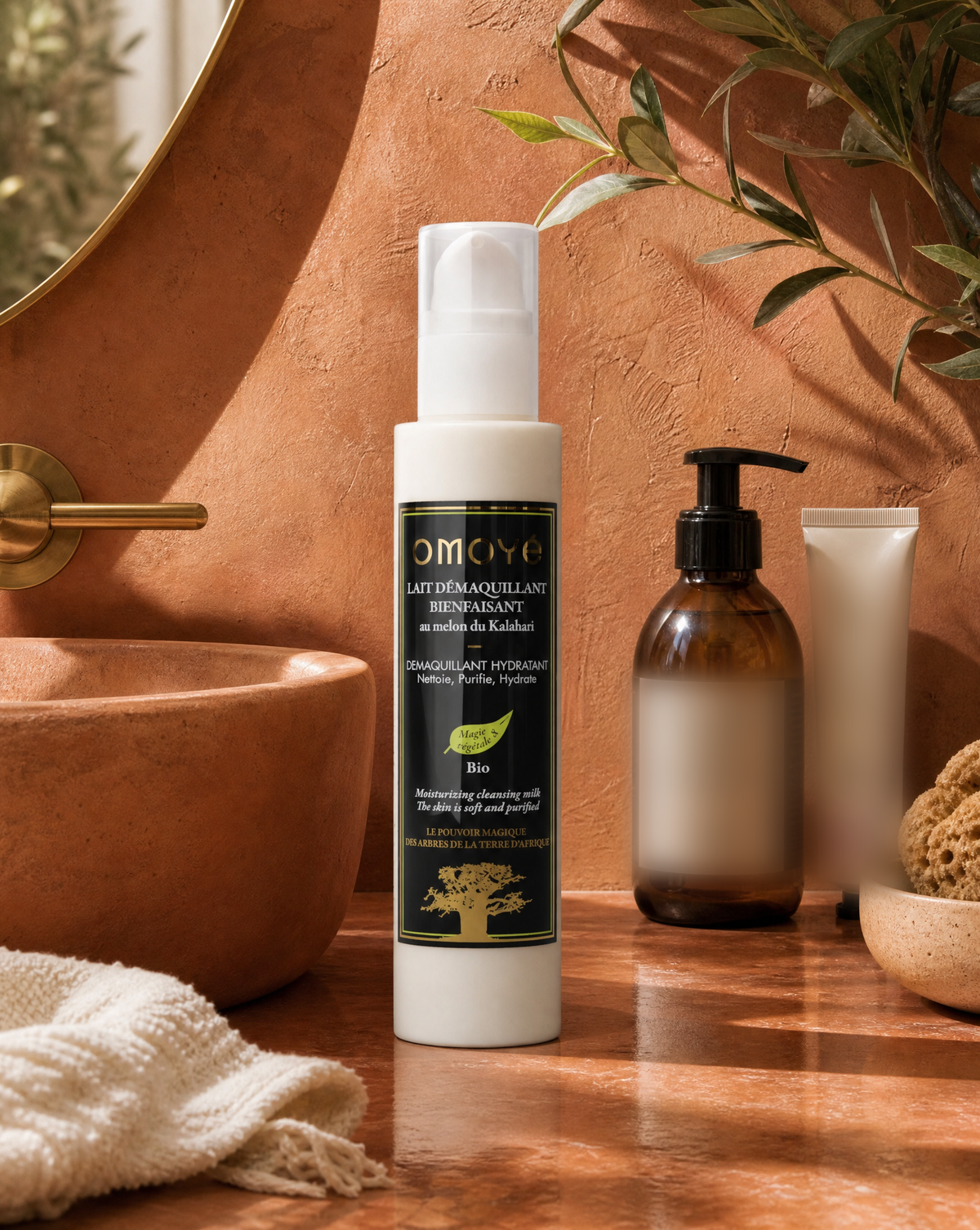 Flacon du Lait Démaquillant du Kalahari Omoyé dans une salle de bain terracotta, rituel démaquillage doux