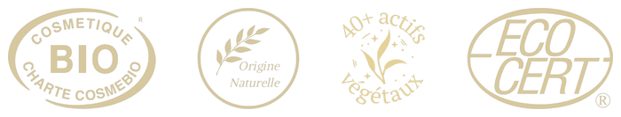 Labels : charte Cosmébio, origine naturelle, plus de 40 actifs végétaux, Ecocert