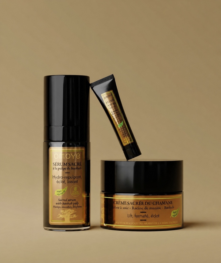 Rituel Sacré Anti-Âge Éclat Omoyé : la Crème Sacrée du Chamane, le Sérum Sacré à la pulpe de baobab et le Fluide Sacré au Café Vert