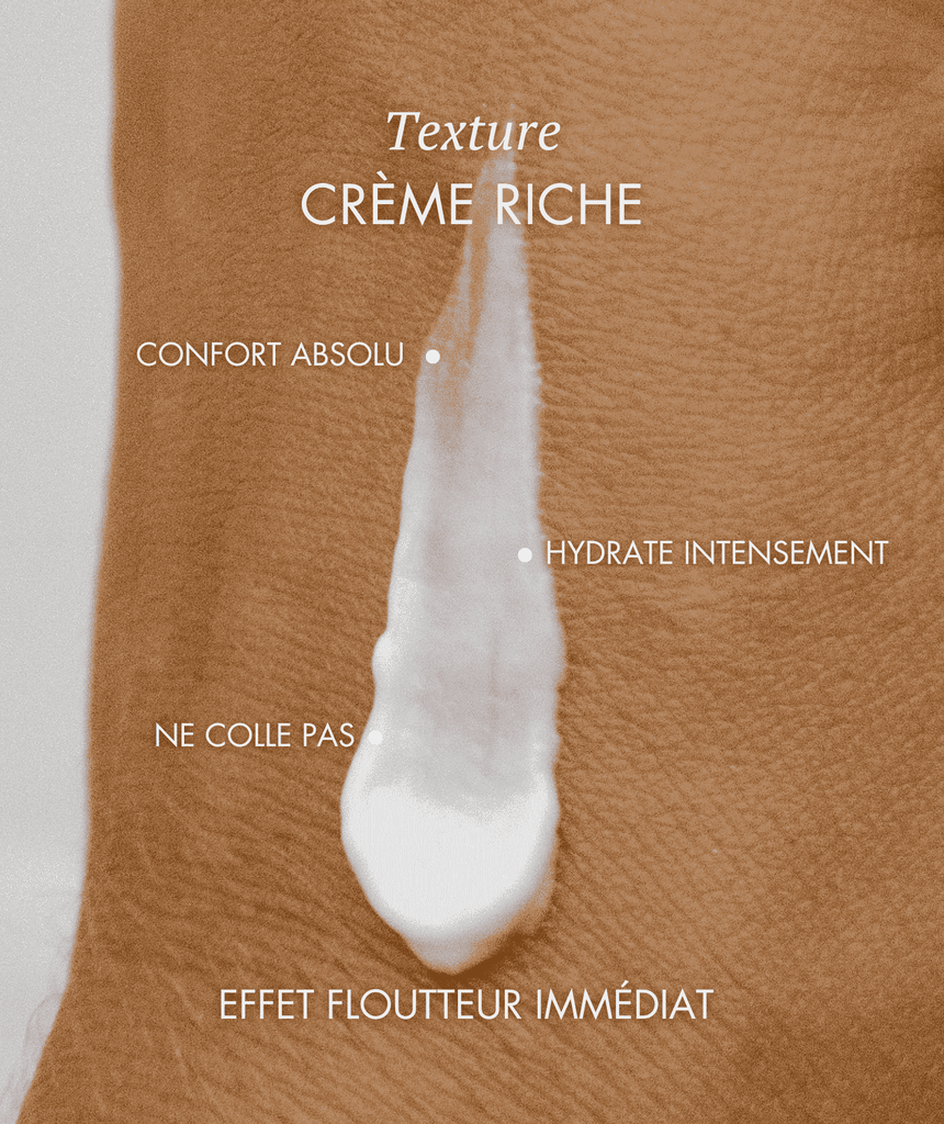Texture crème riche visage Omoyé  effet flouteur immédiat, hydrate intensément, confort absolu, non collante